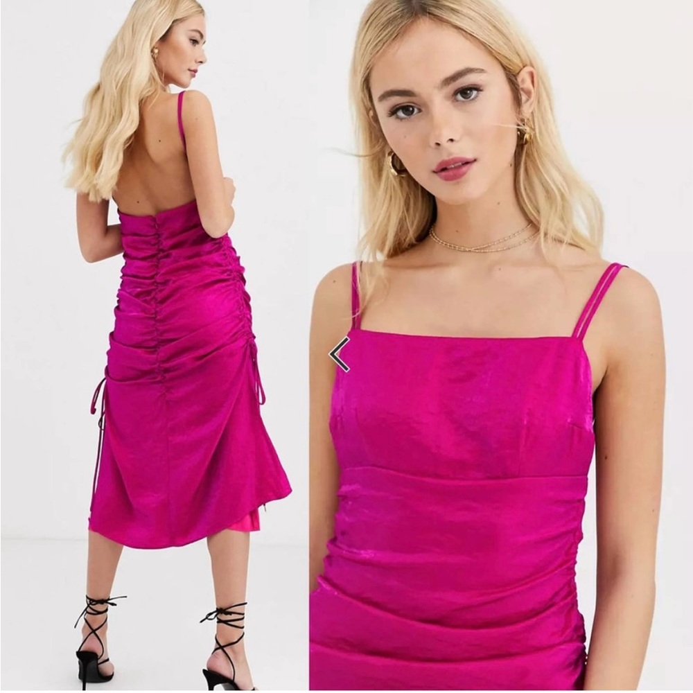 Finders Keepers “Yasmin” Pink Fuchsia Ruched Satin Midi Dress, 6 NWT